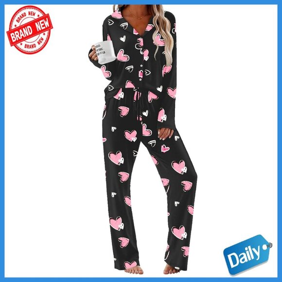 Other - Soft Long Sleeve Pajama Set with Pockets, Button Down Top & Drawstring Pants